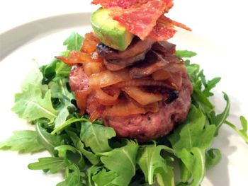 Burger With Maple Onions, Peppered Mushrooms, Bacon + Avocado