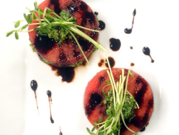 Watermelon with Pepita Pesto + Balsamic Reduction