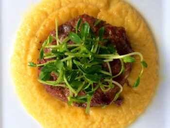 Cauliflower Puree with Lamb + Pea Shoots