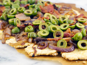 Caramelized Onion, Green Olive + Bacon Pizza