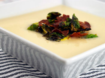 Smoked Cauliflower Soup With Brussel Sprouts + Bacon