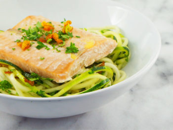 Salmon with Lemon Garlic Zoodles and Crispy Squash Blossoms