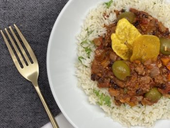 Picadillo with Currents, Green Olives and Harissa